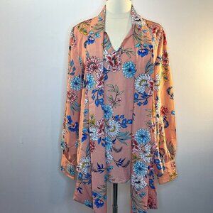 CLEAN LINES Women's Pink Floral Front Tie L/S Blouse - Size Medium - NWT